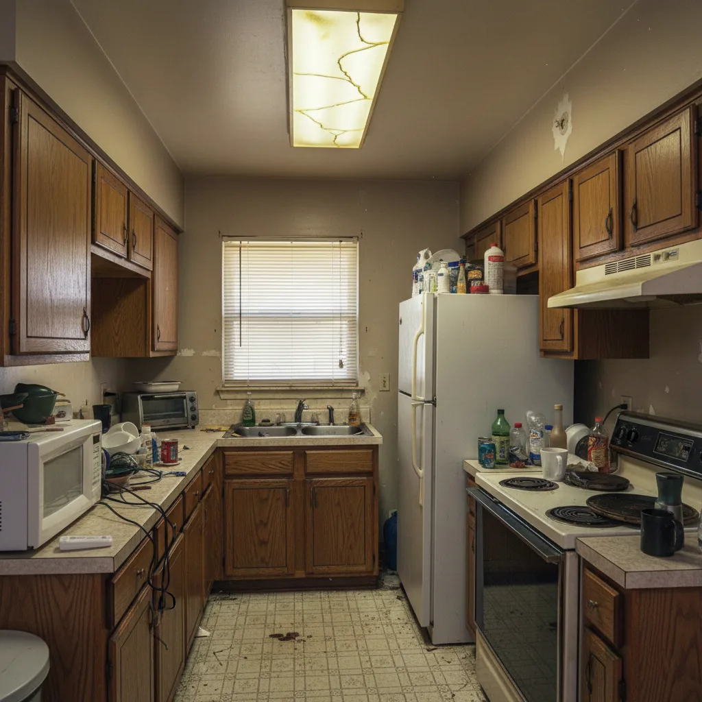 Outdated kitchen with old oak cabinets, worn countertops, and poor lighting before AI redesign